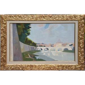 Adrian Holy "the Banks Of The Tiber In Rome" 1954 Oil On Cardboard 37x58